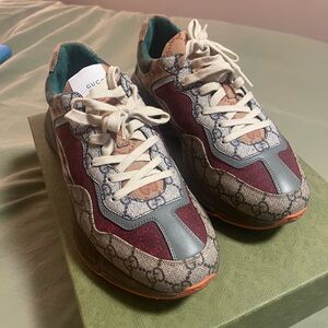 Gucci Burgundy and Gray Patterned Sneakers
